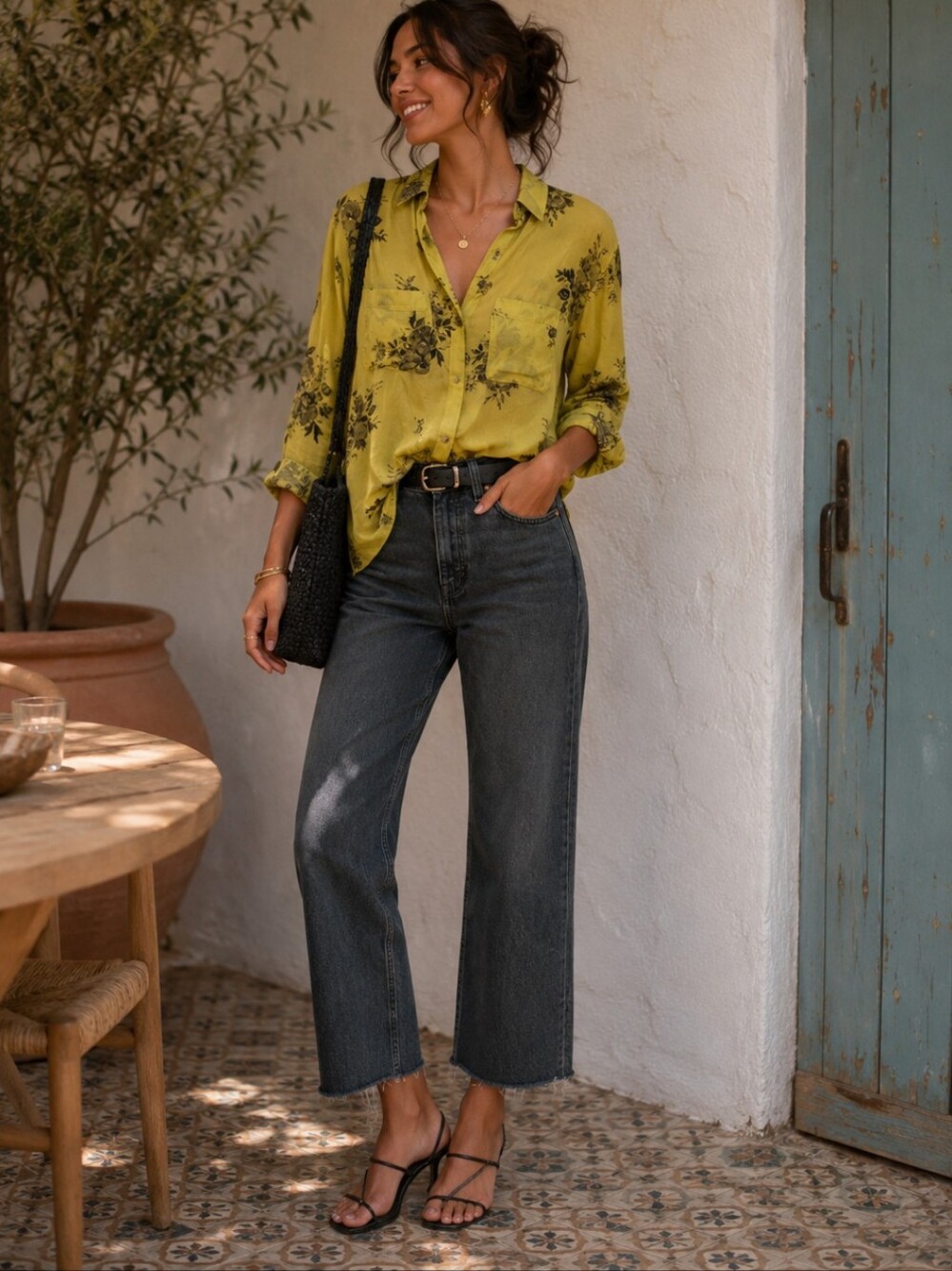 Anthropologie Pilcro Romy Floral Chartreuse Buttondown Blouse